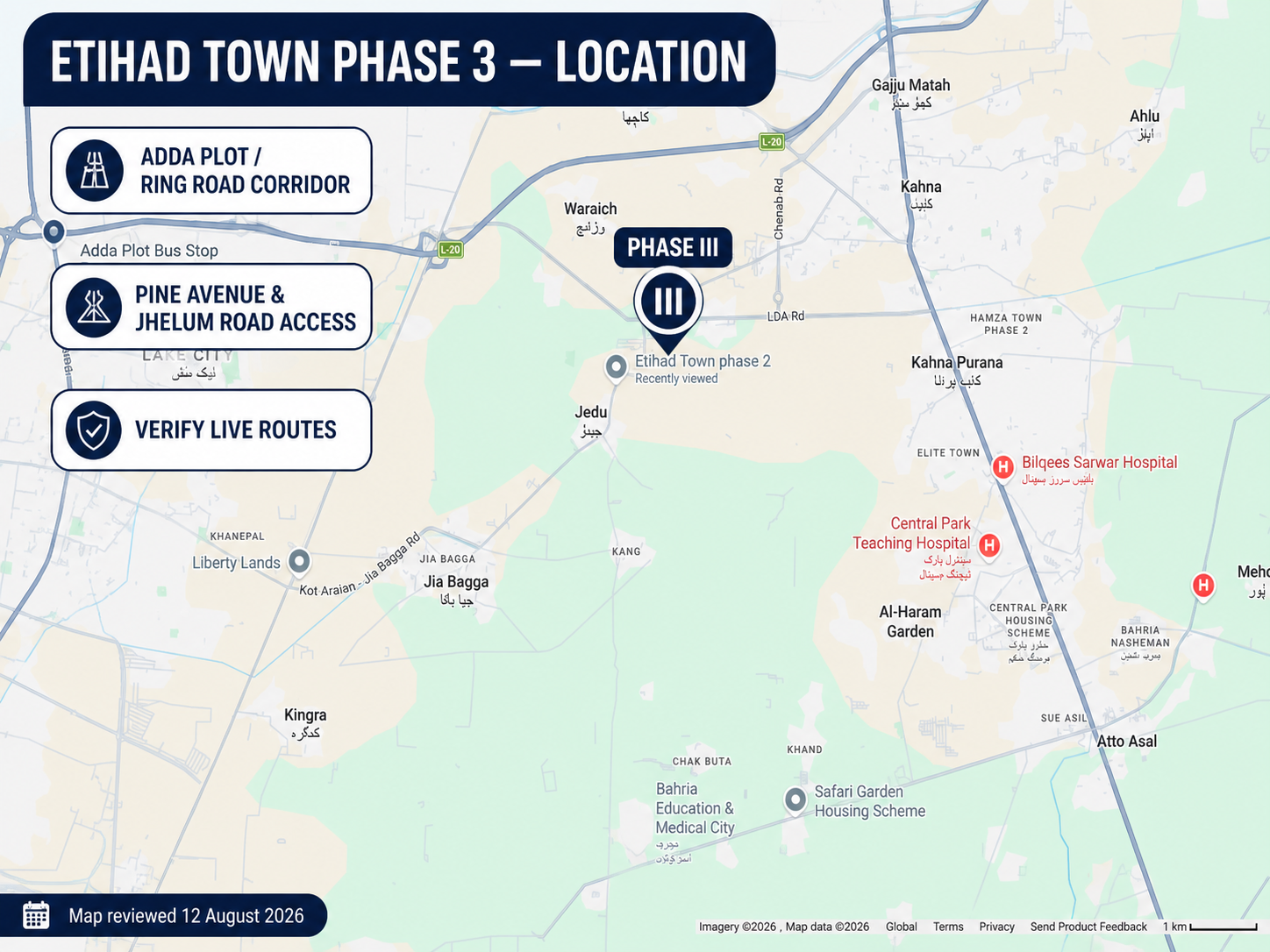 Etihad Town Phase 3 real location map near Adda Plot and Ring Road